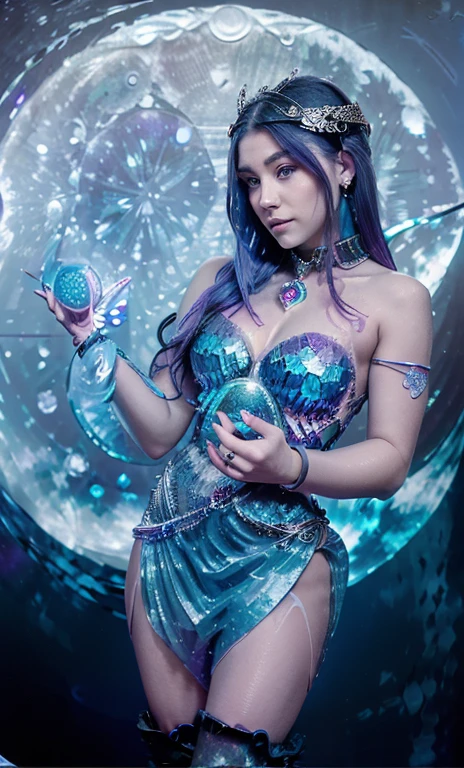 ((ice tattoos lines like vines appear on the face and arms of a girl ((full body)) with teal mix purple hair. purple eyes. dark-blue hair. wearing a soft crystal diamond glass dress with glass-boots of ice crystals. ((holding a metal moon shape disc around her wrists))"