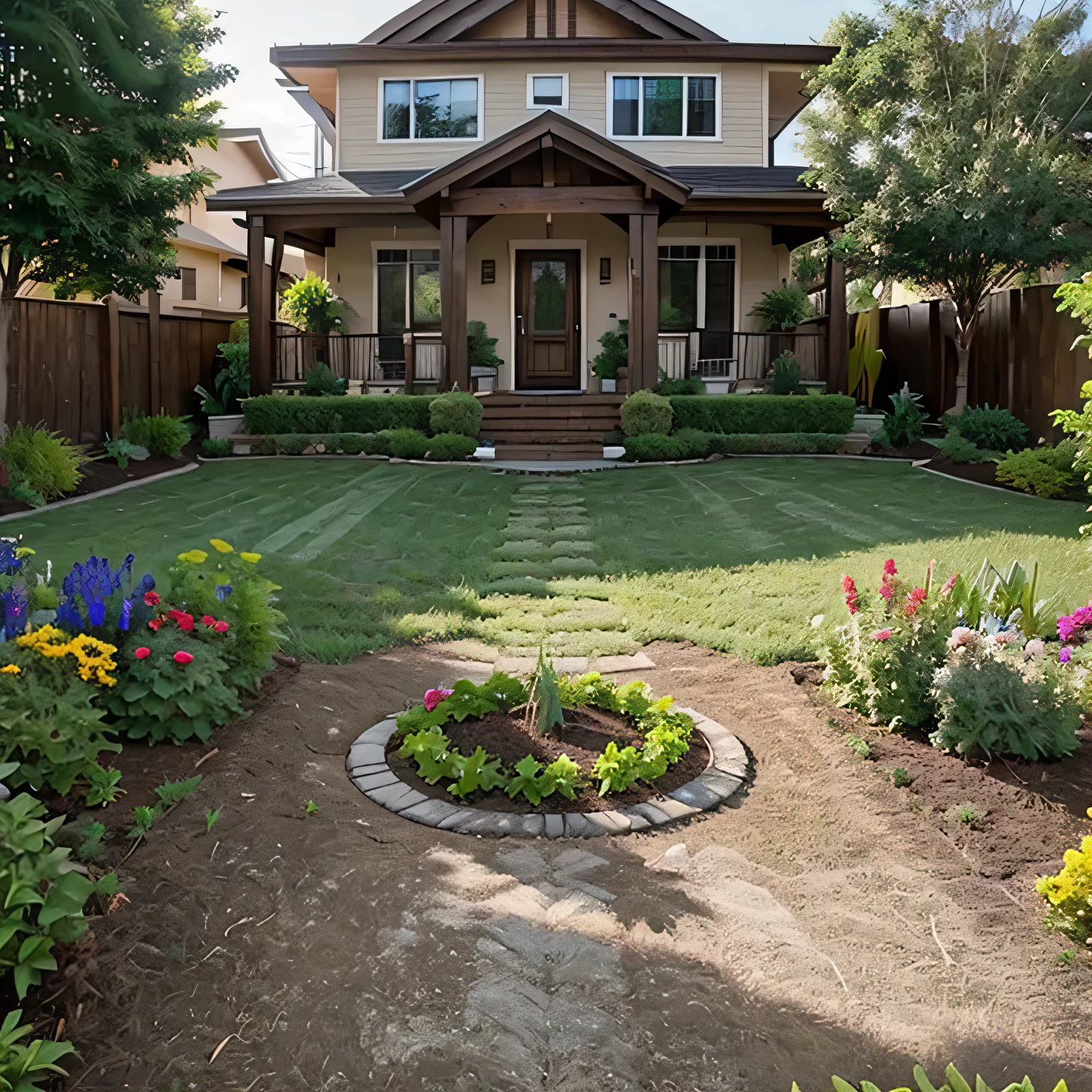 front yard with landscaping garden  footage of repurposed garden art being displayed
