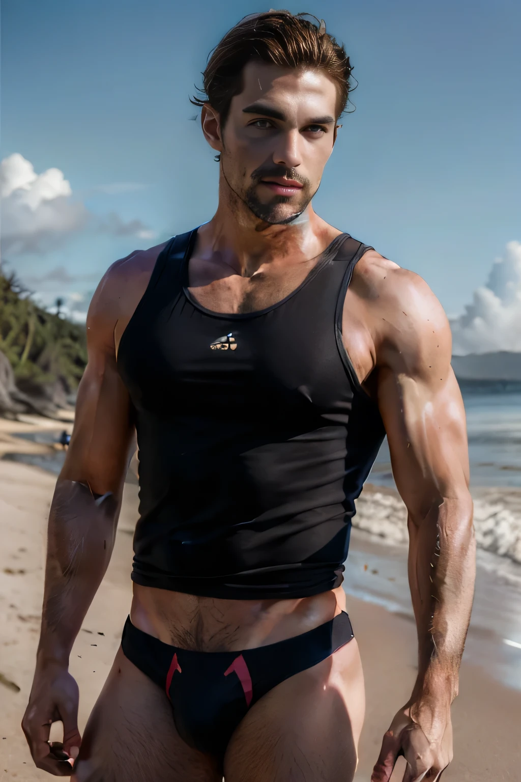 Realistic photography, Handsome man wearing a tank top, black micro thong,beach