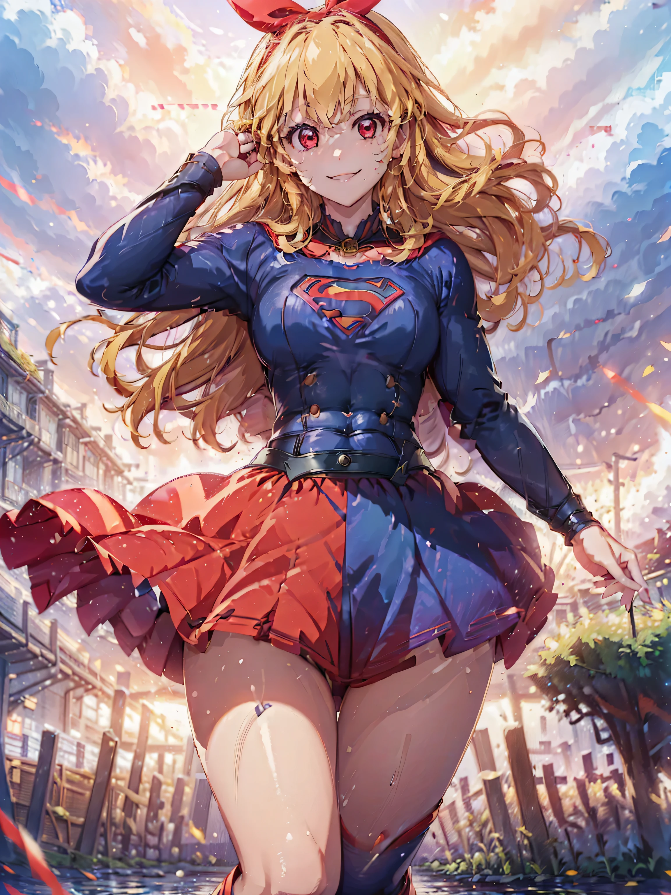 ,anime cg, highresolution, cute , smile, (RED Ribbon on HAIRband:1.4),Blonde hair,(((Beautiful legs in black tights.)))、(((Legally express the beauty of your smile)))、((((Make the most of your original images)))、(((Supergirl Costume)))、(((Beautiful Hair)))、(((suffering)))、(((Please wear black tights....、Wear red boots)))、((Best image quality、8k))、((highest quality、8k、masterpiece:1.3))、(((Preserve background )))、Sharp focus:1.2、Beautiful woman with perfect figure:1.4、Slim Abs:1.2、Wet body:1.5、Highly detailed face and skin texture、8k