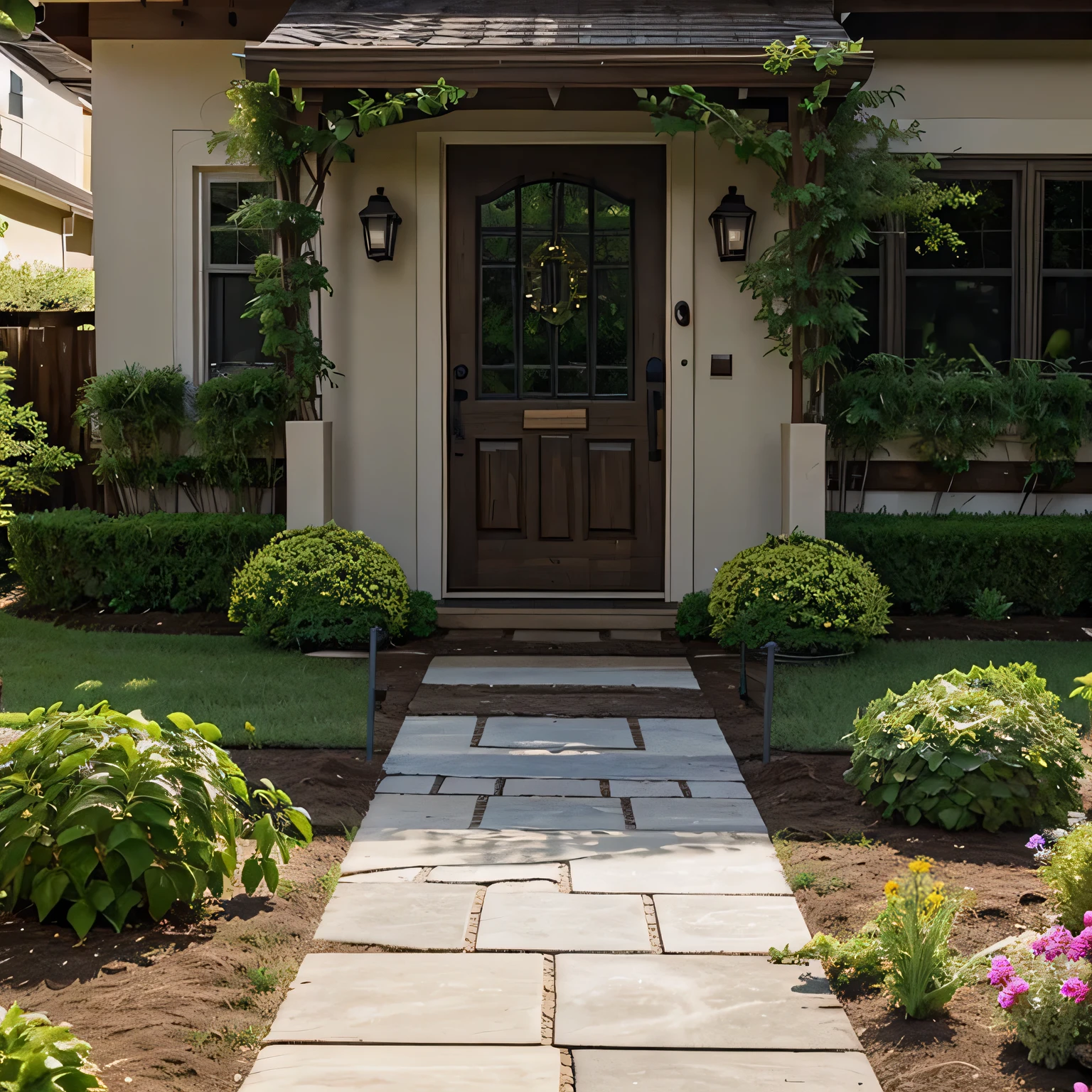 front yard with landscaping garden footage of repurposed garden art being displayed