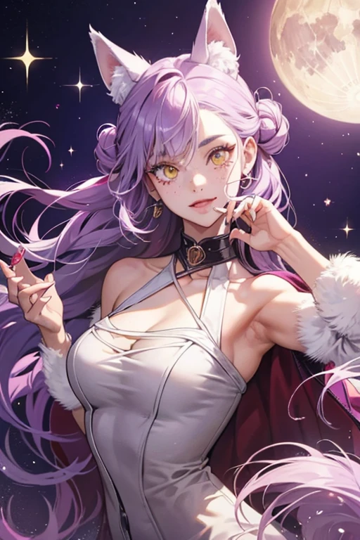She is a light-skinned girl and has a medium build. She possesses yellow eyes, freckles on her face and purple curly hair that has multiple shades of purple and pink. As her werewolf heritage, she has white fangs, sharp claws, extra fur on her body and wolf ears, her wolf claws are colored a light lilac. She wears her hair loose with one bun on the top. She also wears glasses. SPARKLE; GLITTER