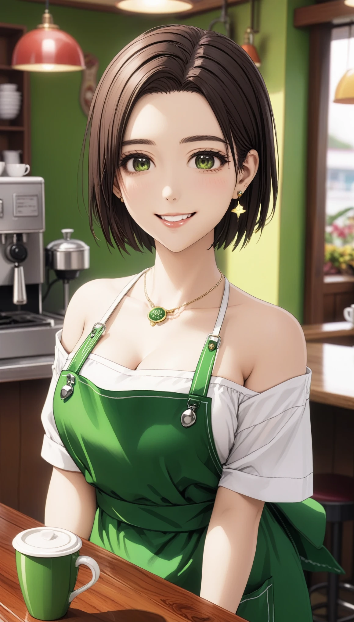 (masterpiece, best quality, very aesthetic, ultra detailed), intricate details,
1girl, kotohadef, short hair, mole, earrings, jewelry, collarbone, white shirt, green apron, smile, cafe, cup, looking at viewer, large breasts, thick thighs, curvy hips 