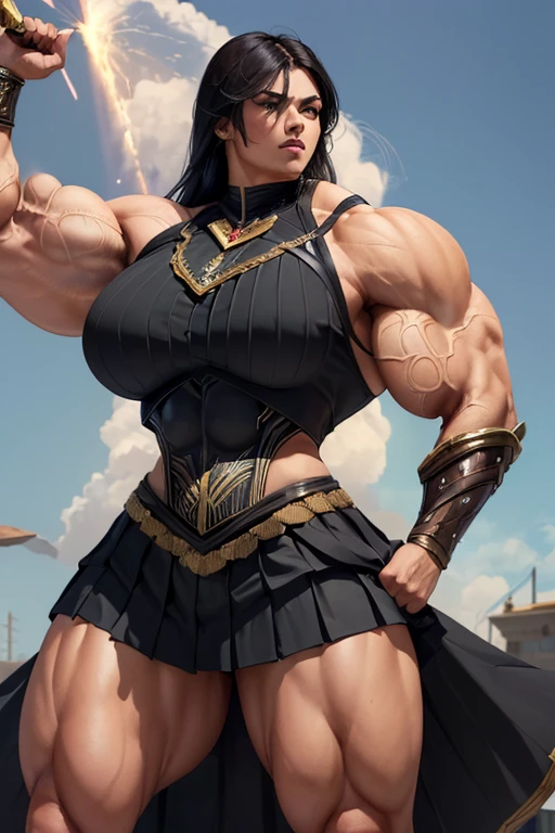 ((((Massive, tall, beautiful, buff, muscular brown skinned female Valkyrie with black hair, ginormous bulky muscles, riding a unicorn and wearing an all black gleaming Valkyrie armor and pleated skirt)))), (close view), black eyeliner, massive muscles, massive biceps, hyper muscle triceps, (long straight hair), orange eyes, valkyrie boots, In heaven, steel Valkyrie armor, armor breastplate, nighttime, confident smile, (hyper muscles arms), hyper muscle legs, (ginormous arms)