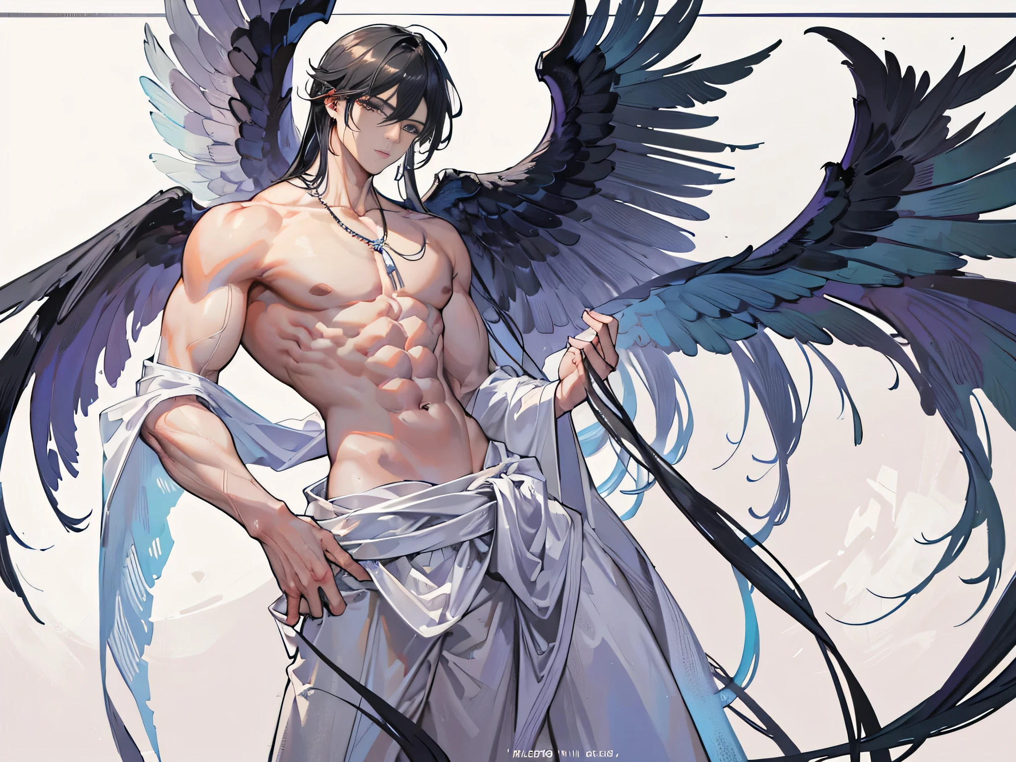 ((Masterpiece, Highest quality)), Male, boy, Detailed face, character design sheet， full bodyesbian, Full of details, frontal body view, back body view, Highly detailed, Depth, Many parts, angel wings, black hair, angel outfit, Muscle boy with black long hair，handsome man, male angel , man tall, abs, pectoral muscle