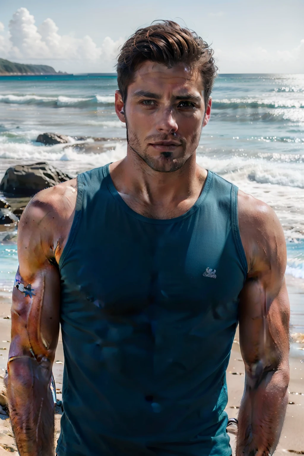 Realistic photography, Handsome man wearing a tank top ,beach