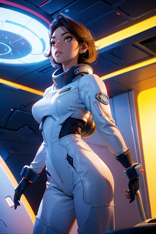 1 chica linda y hermosa, 20 years, de pie en una enorme nave espacial, Full of technology and futuristic interior., Open vision, lineas suaves, inspired by the movie space traveler, apariencia seductora, ultra high definition, piernas largas sexys
