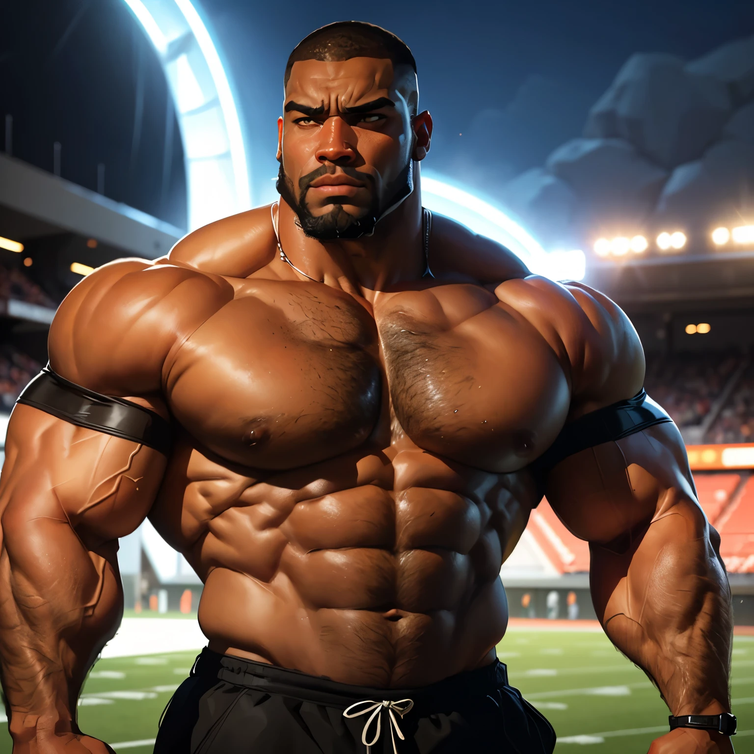 an exaggeratedly muscular and large bodyguard, beefy build, beard, dark-skinned african american male, buzzcut hair with square line, (suspicious expression: 1.2), (shirtless: 1.2), (bara pecs: 1.3), beefy pecs, (arm and chest hair: 1.1), portrait HD, (football stadium at night), viewed from behind