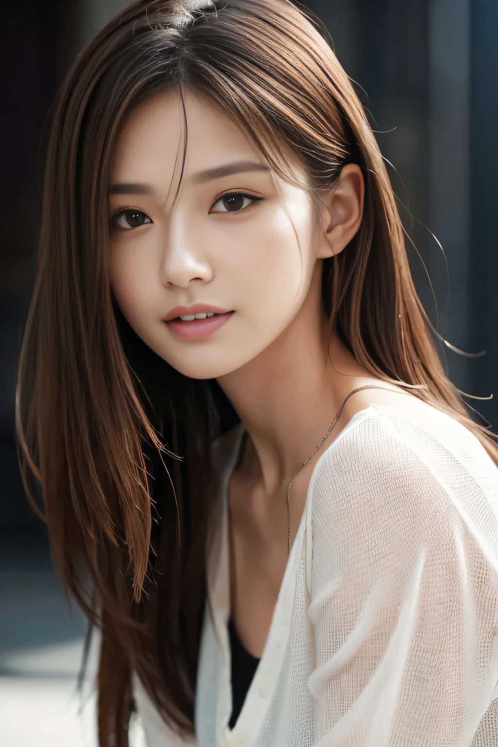 Tabletop, highest quality, Realistic, Very detailed, finely, High resolution, 8k wallpaper, One beautiful woman,, Light brown messy hair, He is wearing a black see-through open-necked shirt.。....., Sharp focus, Perfect dynamic composition, Beautiful and detailed, Thinning hair, Detailed Realistic skin texture, smile, Close-up portrait, Model Body Type、president'secretary、mini skirt、High heels、