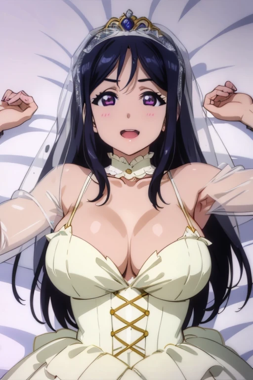 （highest quality、Highest quality、POV、4K,Close-up on chest、honeymoon、First Night、virgin、Very popular gravure model、Beautiful woman with super huge saggy  and saggy buttocks、Wearing makeup、Excessive sweating on the chest、Happy Face、Dreamy time）Very flashy(YUMI KATSURA Princess Wedding Dress、Wedding veil、tiara,garter belt）、(((Push it down on the bed、Lying on your back)))