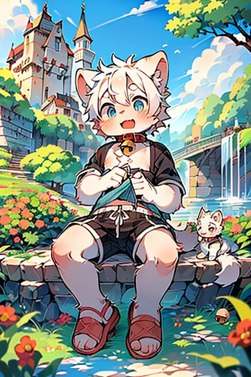 masterpiece, high quality, Ridiculous resolution, number \ (artwork \), By Dagasi, Yes, Seizan, (Fluffy fur, White fur, Body hair,). Boys, blue eyes, white hair, shorts, sandals, Bright Eyes, panoramic, character focus. Detailed background, eat, outdoor, Castle in the Sky, (Bells, Pet collars, Loose clothing: 1.2)