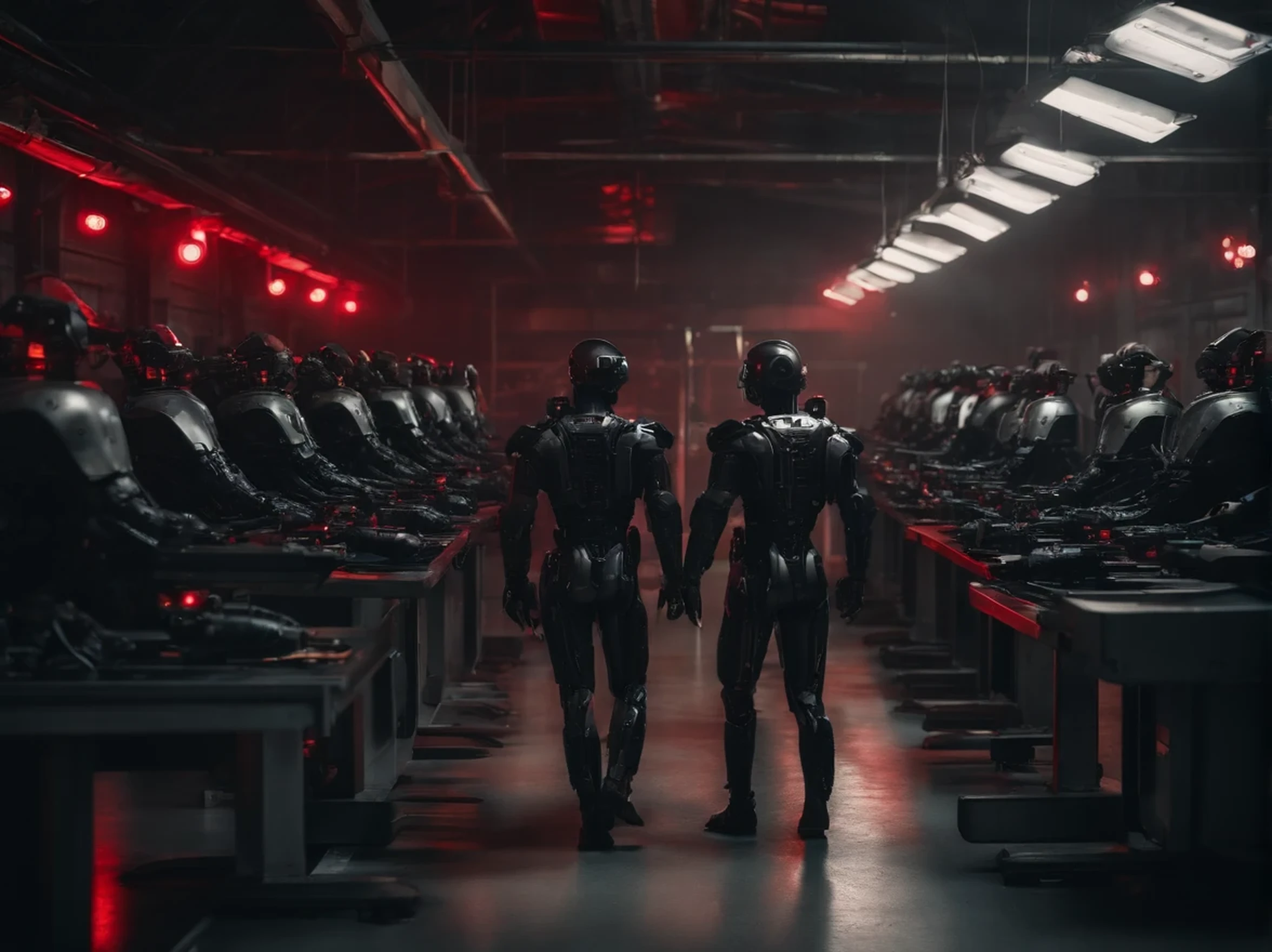 dystopic futuristic cyborgs assembly factory, factory in black colors with red lights, cyborgs half human half robot, assembly line, half-built black robots, human limbs in bloody containers, 4k, ultra detailed image, realistic, very detailed, perfect composition, splendid , intricately detailed, incredibly detailed , art photography 8k, hyper detailed, Masterpiece, ultra detailed, hyper realistic, 4k, ultra detailed image , realistic, highly detailed, perfect composition, splendid, intricately detailed, incredibly detailed, Artistic photography in 8k, hyper detailed