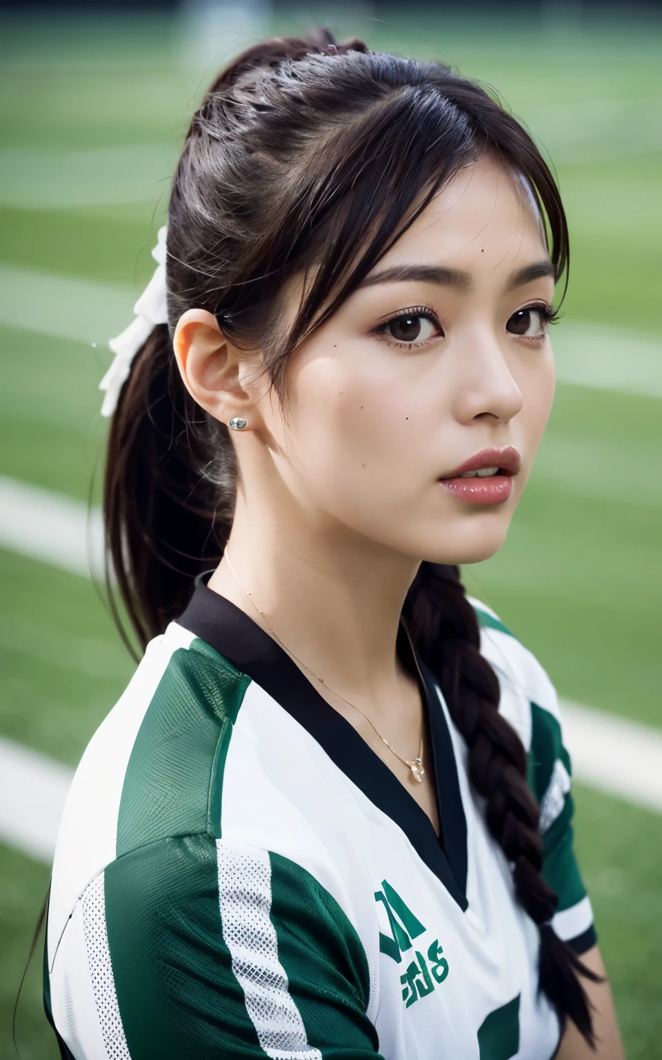 HASSELBLAD CAMERA, Original Photography, (real: 1.3), Twisted (Beautiful and glamorous: 1.4), Ponytail, (detail: 1.2), 8K Ultra HD, (football: 1.4), Beautiful Japanese women, muscle