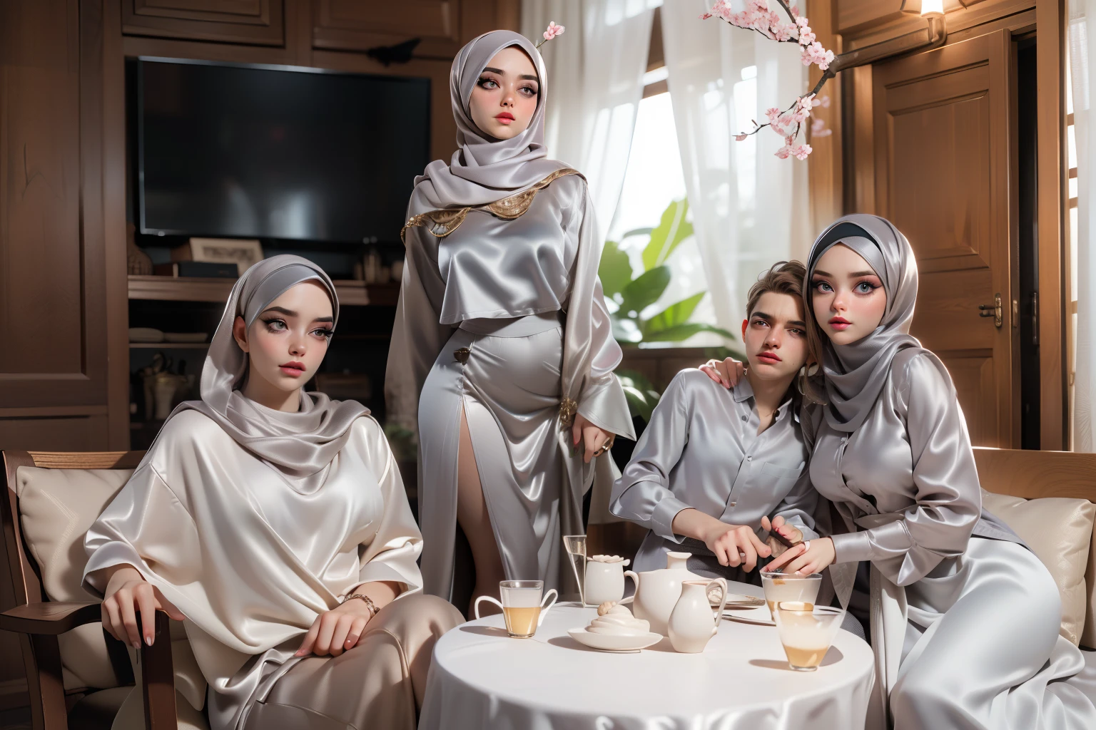 3DMM, ((Masterpiece, best quality, photography, detailed skin, realistic, photo-realistic, 8k, highly detailed, full length frame, High detail RAW color art, diffused soft lighting, shallow depth of field, sharp focus, hyperrealism, cinematic lighting, hijab, a woman in a beautifully makeup, eyeshadow, beautiful big eyes, ((Brown eyes)), long eye lashes, wearing (Taupe satin hijab), loosely tide hijab style, ((gray satin shirt)), satin long maxi skirt, dancing under tree, sakura garden