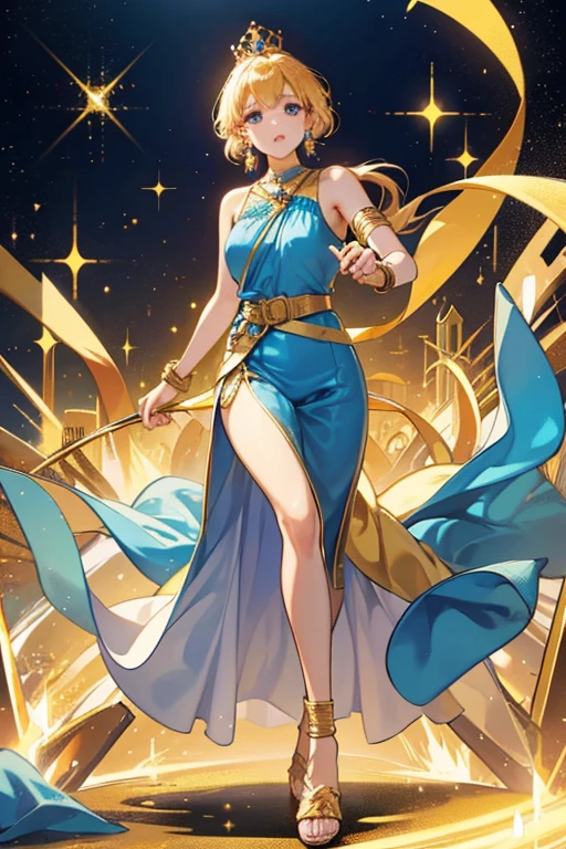 Her outfit is a sleeveless blue and golden jumpsuit, with multiple golden bandages and golden sandals with bandages too. Her accessories include golden bracelets, a golden belt, golden triangle earrings, a golden necklace with a blue gem on it, and a crown-like blue-and-golden tiara. SPARKLE; GLITTER