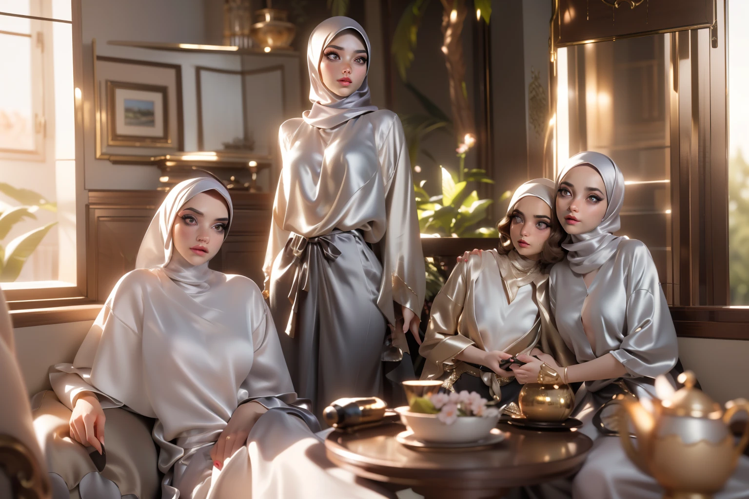 3DMM, ((Masterpiece, best quality, photography, detailed skin, realistic, photo-realistic, 8k, highly detailed, full length frame, High detail RAW color art, diffused soft lighting, shallow depth of field, sharp focus, hyperrealism, cinematic lighting, hijab, a woman in a beautifully makeup, eyeshadow, beautiful big eyes, ((Brown eyes)), long eye lashes, wearing (Taupe satin hijab), loosely tide hijab style, ((gray satin shirt)), satin long maxi skirt, dancing under tree, sakura garden