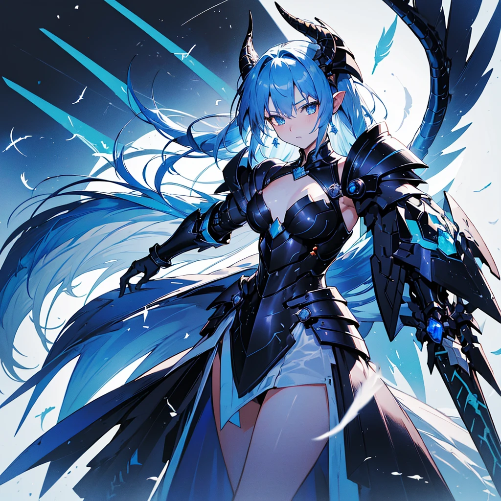 ((high resolution　Blue Hair　long髪　Black Armor　Dragon Knight　thunder　Lonely　despair))　((night　Western style　chest　Shining Aura　gloves))　(Big feather　Dance　Blade of Light　Holding a spear　long　Slashing)　night　thunder　star　Slashing　Catch the wind　