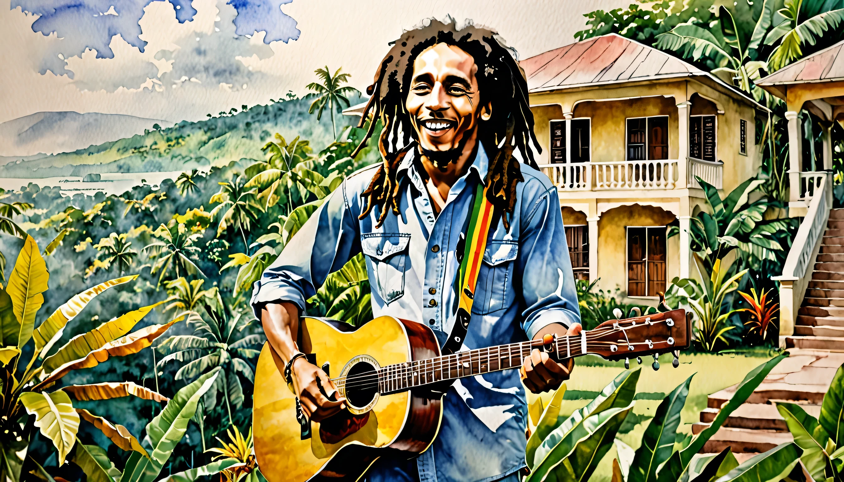 Scene: Bob Marley at his house in Jamaica Watercolor, trending on artstation, sharp focus, studio photo, intricate details, highly detailed, by greg rutkowski, Watercolor, trending on artstation, sharp focus, studio photo, intricate details, highly detailed, by greg rutkowski, Watercolor, trending on artstation, sharp focus, studio photo, intricate details, highly detailed, by greg rutkowski