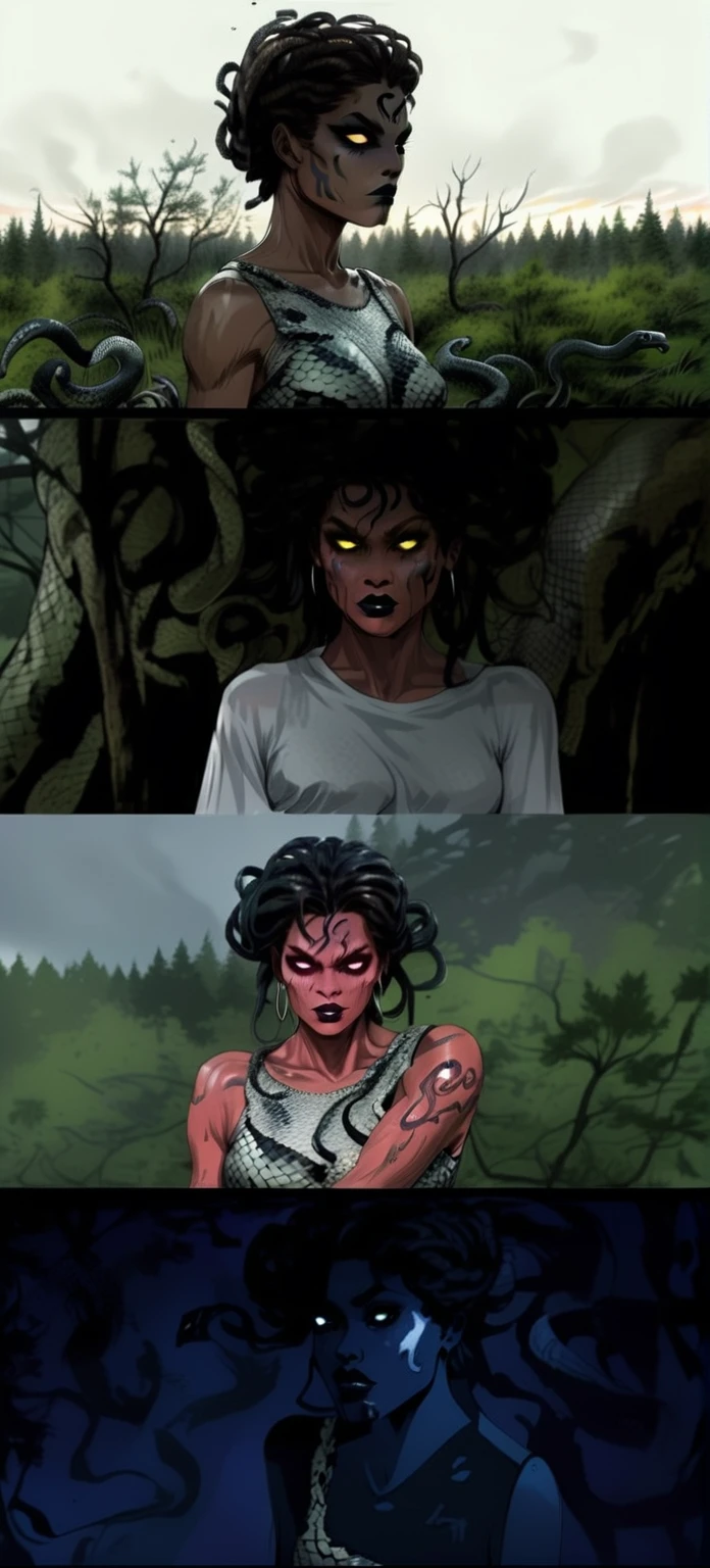 Medusa, colors, bleak muted deep fiery radiant glowing ROYGBIV, splash page decompressed comic cover art, ink style figure, ((expressive Joelle Jones and "Sean Gordon Murphy" comic drawing)), wordless, cinematic poster, double exposure, optical illusion, image within image, abyss void black no visibility darkness, full length portrait, (background, pine barrens, entropy, rewilding, magic hour sunset, galaxy stars, cosmos), (horror, abstract, surreal, body, cosmic), candid, snake skin dress, morphology anatomy drawn Frederic Delavier musculature anatomical illustration, (face, ornate black-metal corpsepaint face paint, resembles Grace Jones), (body, Naga, snakefolk, lower body snake tail, snake woman hybrid, bald, hairless, skeleton, snake skin tattoos, piercing eyes, snake pupils, over the shoulder), (colors, bleak muted deep fiery radiant glowing ROYGBIV, forest green, earth brown), craftsmanship nuance, (Gerardo Zaffino charcoal), subliminal orchids, nyctophobia, silhouette
