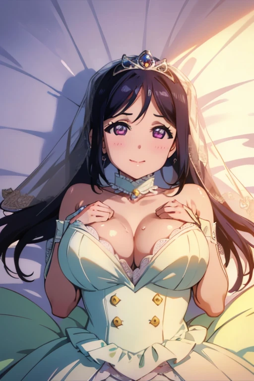 (highest quality、Highest quality、POV、4K,Close-up on chest、honeymoon、First Night、virgin、Kissing Face、Very popular gravure model、Beautiful woman with super huge saggy breasts and saggy buttocks、Wearing makeup、Excessive sweating on the chest、Happy Face、Dreamy time)Very flashy(YUMI KATSURA Princess Wedding Dress、Wedding veil、tiara,garter belt)、(((Push it down on the bed、Lying on your back)))