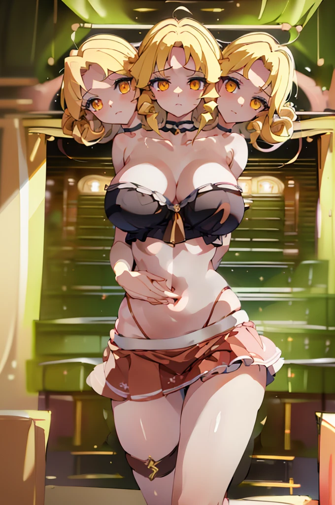 (masterpiece, best quality), best quality, best resolution, (ultra-detailed), (3heads:1.5), 1girl, (elly:1.3), masterpiece, best quality, ultra quality, ultra resolution, ultra detail, dark red and pink top, crop top, ((stomach)), midriff, ((groin)), dark red and pink skirt, miniskirt, normal ears, shackles, yellow hair, very long hair, wavy hair, sidelocks, yellow eyes, parted lips, open belly, sweat, cute, toned belly, hand on own chest, eyelashes, (24 year old woman:1.3), (masterpiece:1.5), (best quality:1.5), (beautiful detailed), extremely detailed CG, extremely delicate and beautiful, depth of field, (finely detailed face), (perfect details:1.2), (mature female:1.3), wide pelvis, slender, large veiny breast, 16k resolution, highres, high quality, high definition, extremely detailed, masterpiece, yellow hair, long hair, alluring presence, twin braid, short skirt, close up, big tits, young,