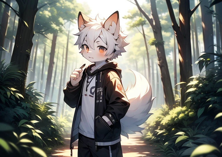 Sexual desire boy，Furry wolf，((Shota)), Black and white hair, Good figure, Handsome，cute, Light：極端的Light與影, 反Light皮肤,Reddish skin，((Worn clothes，Commoner)) ，((Deep in the forest，Stone road，symptoms，solo，The only person))，Outdoor sunset，((detail))，（Depth of Field），Stand up