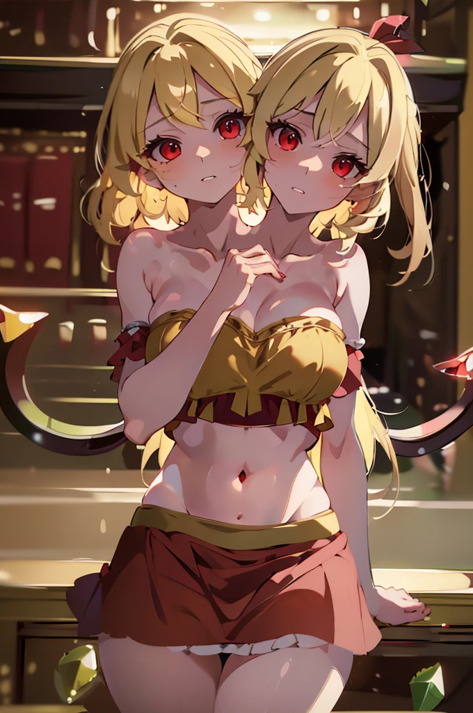(masterpiece, best quality), best quality, best resolution, (ultra-detailed), (3heads:1.5), 1girl, (flandre scarlet :1.3), masterpiece, best quality, ultra quality, ultra resolution, ultra detail, red top, crop top, ((stomach)), midriff, ((groin)), red skirt, normal ears, shackles, blonde hair, very long hair, wavy hair, sidelocks, red eyes, parted lips, sweat, cute, toned belly, hand on own chest, eyelashes, (23 year old woman:1.3), (masterpiece:1.5), (best quality:1.5), (beautiful detailed), extremely detailed CG, extremely delicate and beautiful, depth of field, (finely detailed face), (perfect details:1.2), (mature female:1.3), wide pelvis, slender, large veiny breast, 16k resolution, highres, high quality, high definition, extremely detailed, masterpiece, best quality, blonde hair, long hair, alluring presence, braid, short skirt, close up, big tits, young, small red bow, mobcap,