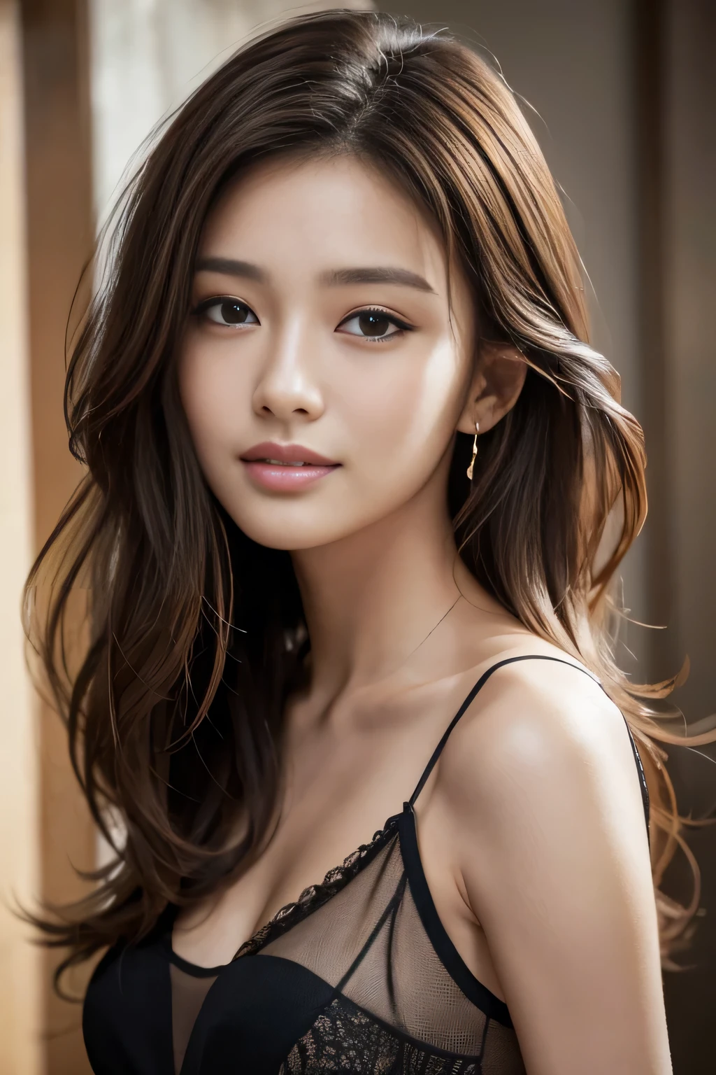 Tabletop, highest quality, Realistic, Very detailed, finely, High resolution, 8k wallpaper, One beautiful woman,, Light brown messy hair, He is wearing a black see-through open-necked shirt.。....., Sharp focus, Perfect dynamic composition, Beautiful and detailed, Thinning hair, Detailed Realistic skin texture, smile, Close-up portrait, Model Body Type、president'secretary、mini skirt、High heels、