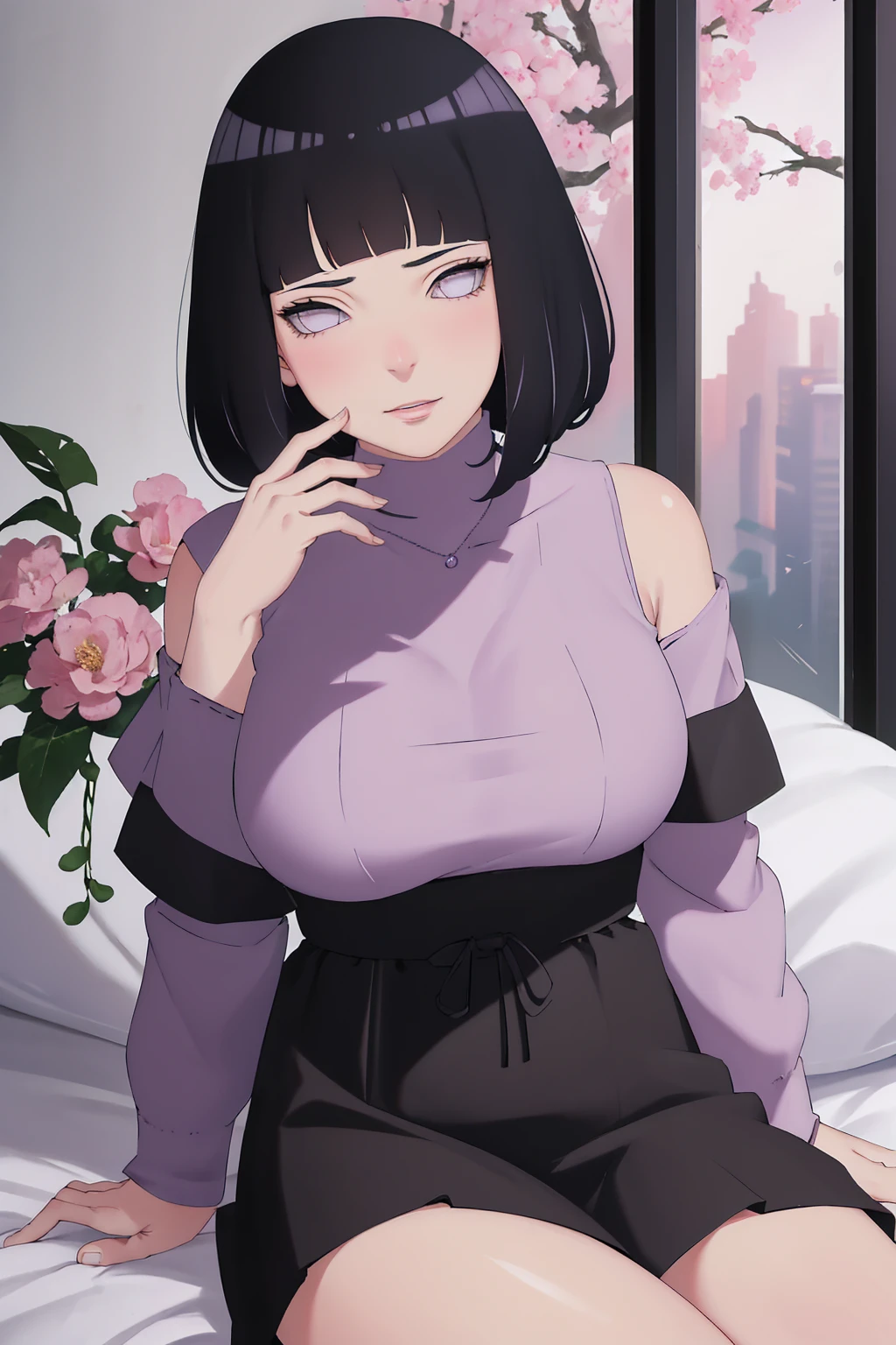 { - anatomy error} (Masterpiece - Ultra-detailed, very high resolution) (huge titusty, masterpiece, absurdres, hinata\(boruto\), 1girl, solo,mature female, off-shoulder bra, high waist black short skirt, looking at viewelling petals), perfect composition, detailed lips, big breast, beautiful face, body propotion, blush, (pink lips), short hair, (black hair), purple eyes, soft gaze, super realistic, detailed, photoshoot, realistic face and body, closed mouth, sitting on the bed , lilac eyes, upper body, lace clothes, backwards, looking back, with chin resting on shoulder, perfect fingers (perfect hands, perfect anatomy), naught smilie