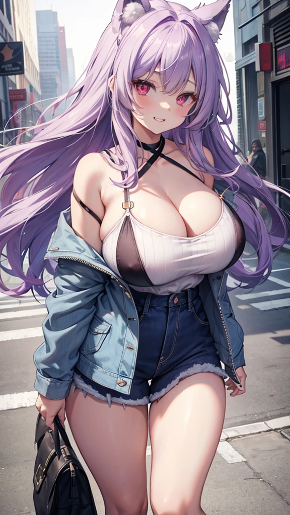 Wolf Girl, Large Breasts, Voluminous light purple hair, masterpiece , Red eyes, hd, Thick thighs, Head to Chest, buried in my chest、Double teeth、tooth、Chubby、Grinning、Vertical Line Camisole、Big Tits、Denim Jacket、white iris、