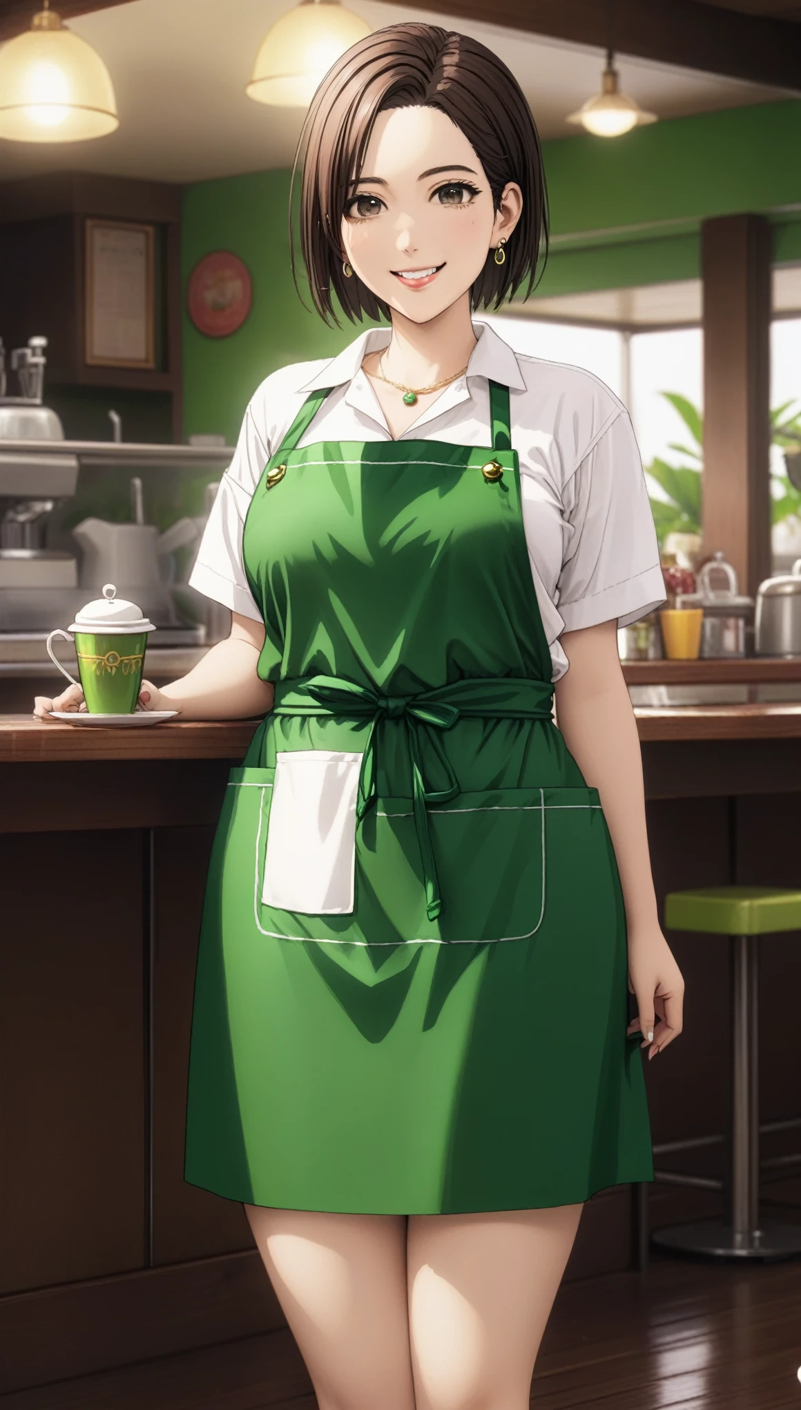 (masterpiece, best quality, very aesthetic, ultra detailed), intricate details,
1girl, kotohadef, short hair, mole, earrings, jewelry, collarbone, white shirt, green apron, smile, cafe, cup, looking at viewer, large breasts, thick thighs, curvy hips 