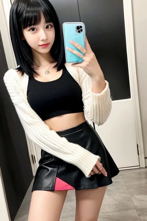 One Girl, Black Hair, Selfie style, Beautiful legs, mini skirt, Girl's Room, Realistic skin texture, modern