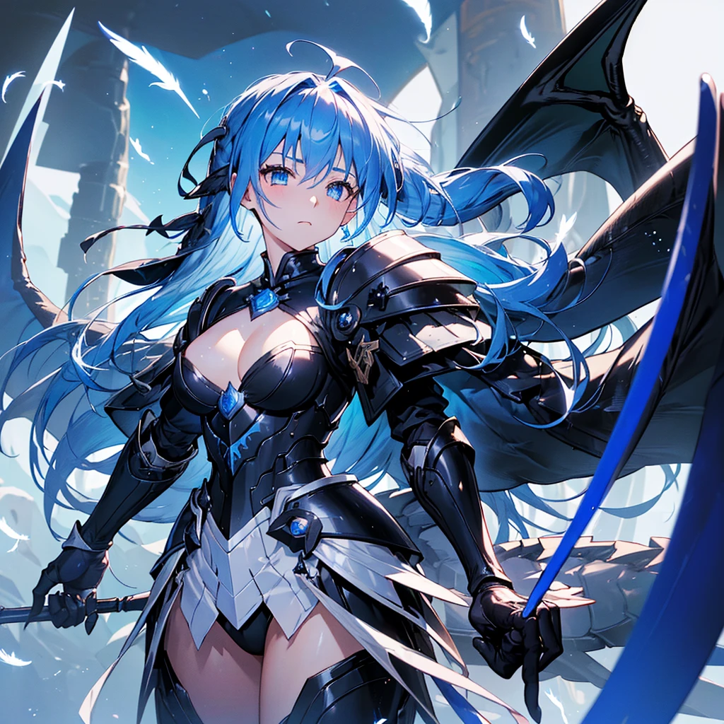 ((high resolution Blue Hair long髪 Black Armor Dragon Knight thunder Lonely despair)) ((night Western style chest Shining Aura gloves)) (Big feather Dance Blade of Light Holding a spear long Slashing) night thunder star Slashing Catch the wind