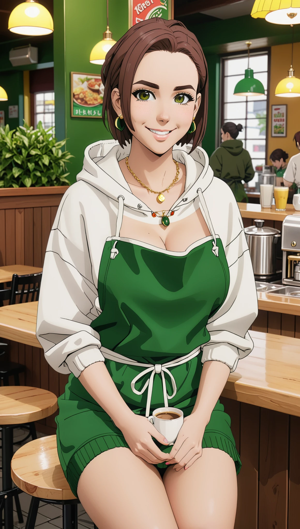 (masterpiece, best quality, very aesthetic, ultra detailed), intricate details,
1girl, kotohaalt, short hair, forehead, mole, earrings, jewelry, collarbone, hoodie, hood down, green apron, smile, looking at viewer, sitting, cafe, large breasts, thick thighs, curvy hips 