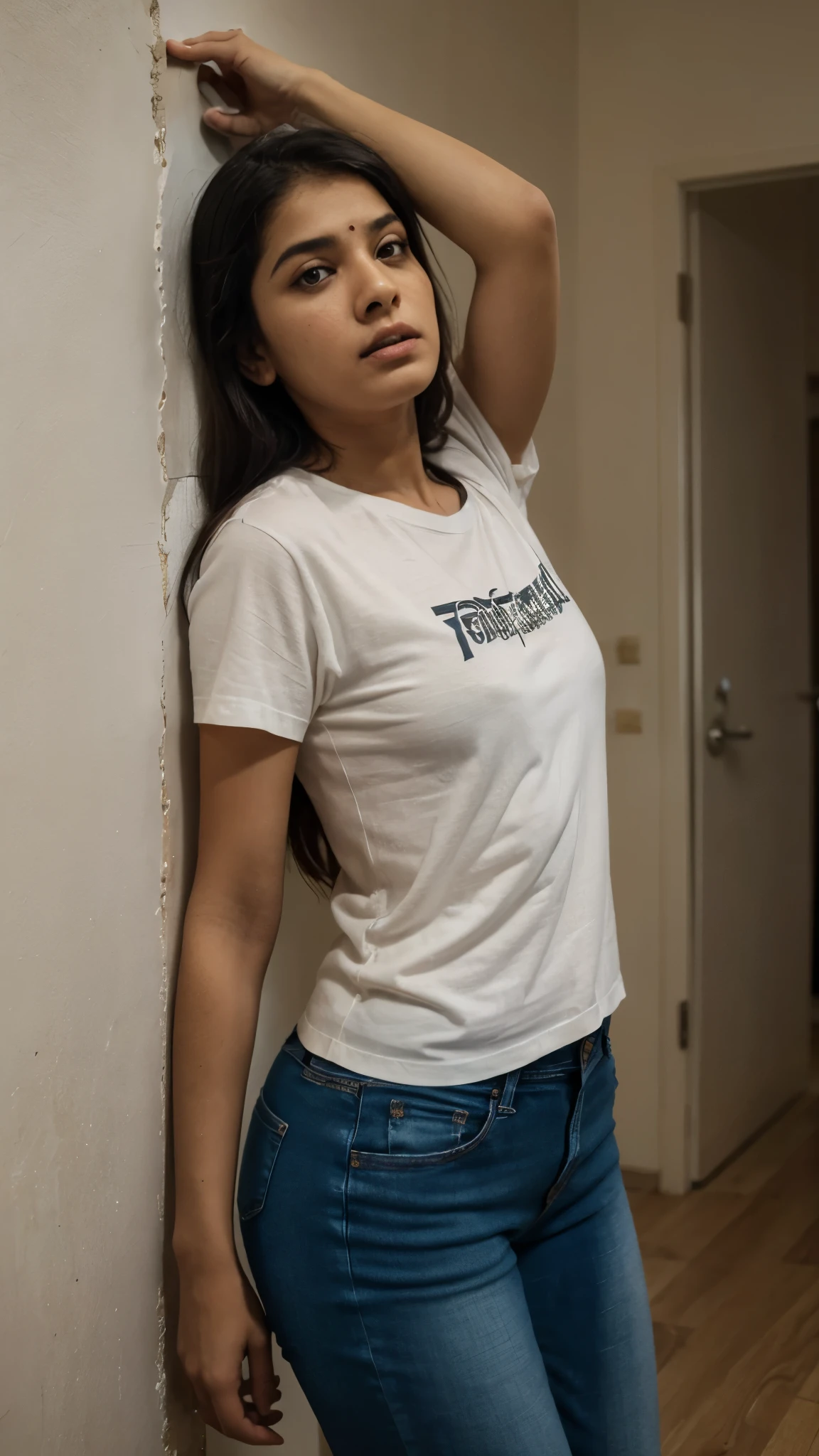 Indian acting class, accidentally entered the wrong room, white t-shirt and jeans, locked in a dark room, no light inside the room, surrounded by fear and despair, staring through the hole in the wall, full image, lying on the floor