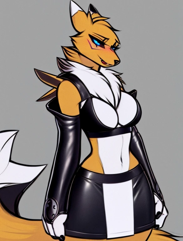 (furry Art, Uploaded On E621:1.4), Masterpiece, (best Quality:1.2), Simple Background, Detailed Image, Colorful, Vibrant Colors, Detailed Face, Perfect Lighting, Perfect Shadows, Perfect Eyes, Girl Focus, Perfect Hair, Blue Eyes, Perfect Face, Medium Breasts, Gorgeous Body, Hourglass Body, Shiny Body, 1girl, Solo, Center Focus, Renamon, Fox Ears, Tattoo, Fox Tail, Facial Mark, Fox Girl, Claws, Furry, Colored Sclera, Furry Female, Black Sclera, Body Fur, White Fur, Yin Yang, Animal Nose, Long Snout, Two-tone Fur, Digimon (creature), Yellow Fur, Upper Body, Cropped Torso, Steaming Body, (one Tail:1.8) (((seductive, Leather Skirt, Leather Sports Bra, Bare Shoulder, Bridal Gauntlets, Sleeves)))