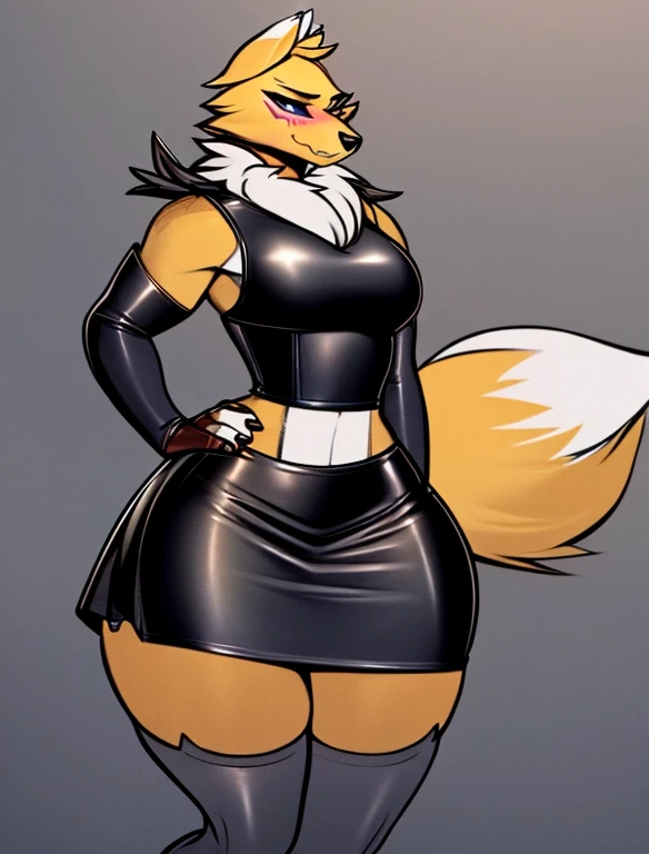 (furry Art, Uploaded On E621:1.4), Masterpiece, (best Quality:1.2), Simple Background, Detailed Image, Colorful, Vibrant Colors, Detailed Face, Perfect Lighting, Perfect Shadows, Perfect Eyes, Girl Focus, Perfect Hair, Blue Eyes, Perfect Face, Medium Breasts, Gorgeous Body, Hourglass Body, Shiny Body, 1girl, Solo, Center Focus, Renamon, Fox Ears, Tattoo, Fox Tail, Facial Mark, Fox Girl, Claws, Furry, Colored Sclera, Furry Female, Black Sclera, Body Fur, White Fur, Yin Yang, Animal Nose, Long Snout, Two-tone Fur, Digimon (creature), Yellow Fur, Upper Body, Cropped Torso, Steaming Body, (one Tail:1.8) (((seductive, Leather Skirt, Leather Sports Bra, Bare Shoulder, Bridal Gauntlets, Sleeves)))