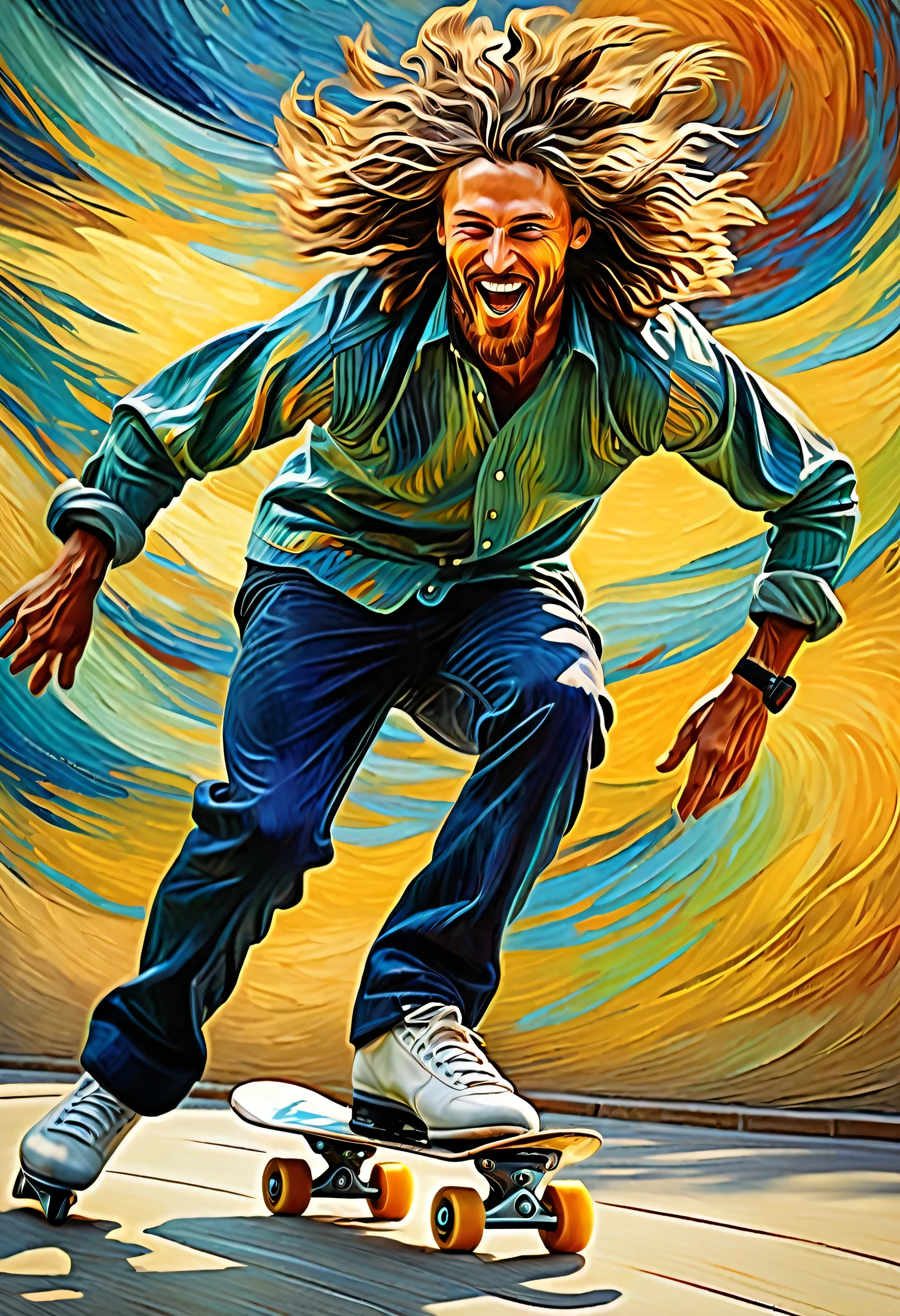 beautiful man playing skating ,vibrant colors,van gogh style,leonardo da vinci style,energetic strokes,expressive brushwork,dynamic composition,playful atmosphere,soft lighting,graceful movements,impressionistic background,naturalistic portrayal,detailed facial features,flowing hair,athletic body,action pose,warm color palette,painterly textures,implied motion,dramatic shadows,realistic facial expression,happy and confident demeanor,subtle perspective,exciting sports scene,emotional depth,vivid contrast,implied depth,masterful technique,stunning visual impact,artistic flair,classic art fusion,majestic and graceful.