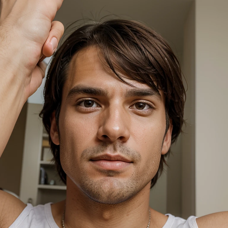 create me a clear face of man from angle like he is doing a selfie, make the photo like it is hhomemade. the must must look very real.
