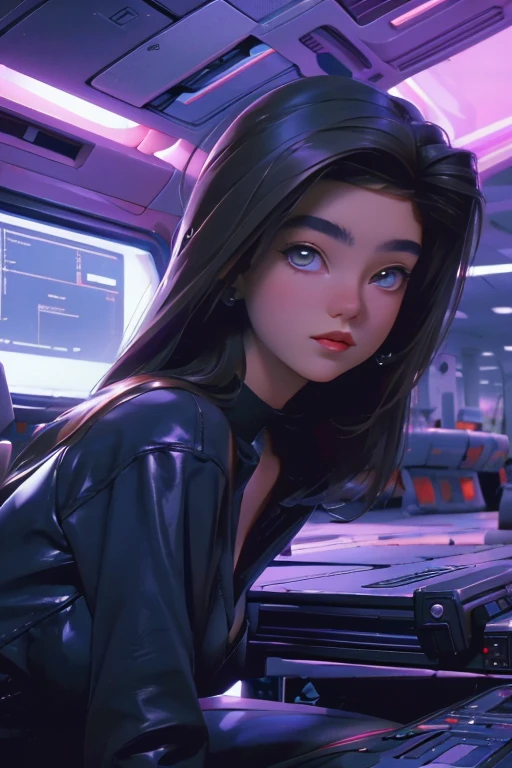 1 chica linda y hermosa, 20 years, de pie en una enorme nave espacial, Full of technology and futuristic interior., Open vision, lineas suaves, inspired by the movie space traveler, apariencia seductora, ultra high definition, piernas largas sexys