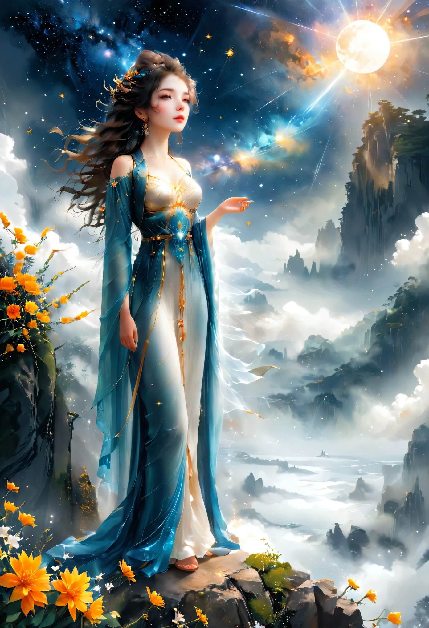 Cai GuoRUN's illustration style, 1girl, A woman in a long dress stands on a cliff and looks up at the starry sky, Goddess of space, Milky Way Goddess, Goddess of Heaven, Astral ethereal, dream, Beautiful Celestial Mage, Beautiful fantasy painting, Beautiful fantasy art, Ethereal fantasy, Beautiful fantasy art, Digital Art Fantasy, Charming and otherworldly, Fantasy Beauty, Beautiful Art by Octane，Ultra HD，Volumetric Light，Natural soft lighting, (Ultra-delicate:1.2, lose focus:1.2, colorful, Cinema Lighting, Chiaroscuro,Ray Tracing), masterpiece, Super rich,Ultra Detailed,8k, 1cgrssh1