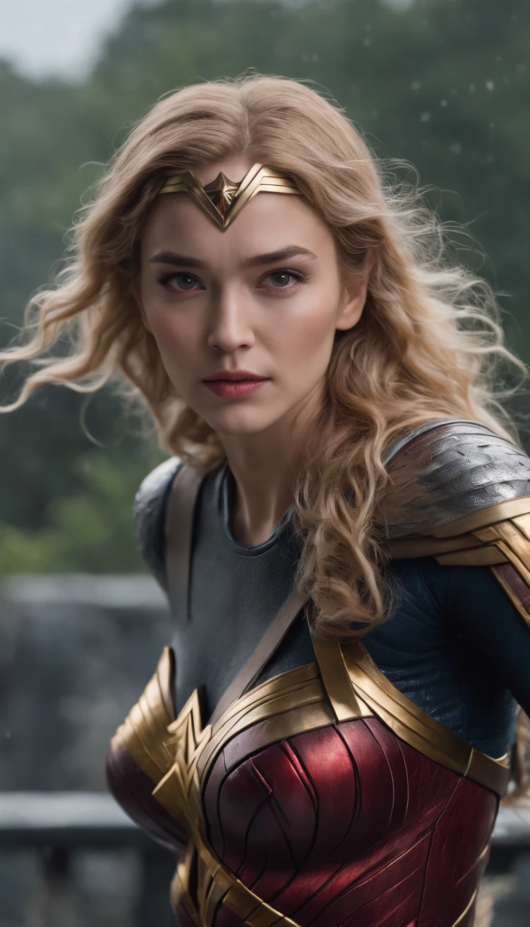 An 18-year-old girl with short, curly blonde hair、Wearing the iconic Wonder Woman suit。A beautiful face framed by golden hair、It shows determination and strength。She stood on the rain-soaked roof、Ready to face any challenge。This masterpiece is、Exemplifies exquisite detail and perfect anatomy。The lines and curves of the suit、Capture the essence of the Amazon princess、It is accurately represented。Her fighting stance is calm.、I am full of confidence、Staring into the distance、protection、Ready to serve。Dark and moody background、Highlighting her bright and vibrant suit、It makes her the focal point of the scene.