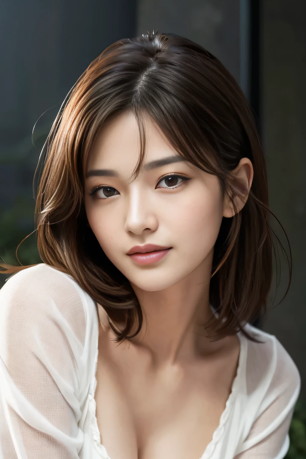 Tabletop, highest quality, Realistic, Very detailed, finely, High resolution, 8k wallpaper, One beautiful woman,, Light brown messy hair, He is wearing a black see-through open-necked shirt.。....., Sharp focus, Perfect dynamic composition, Beautiful and detailed, Thinning hair, Detailed Realistic skin texture, smile, Close-up portrait, Model Body Type、president'secretary、mini skirt、High heels、