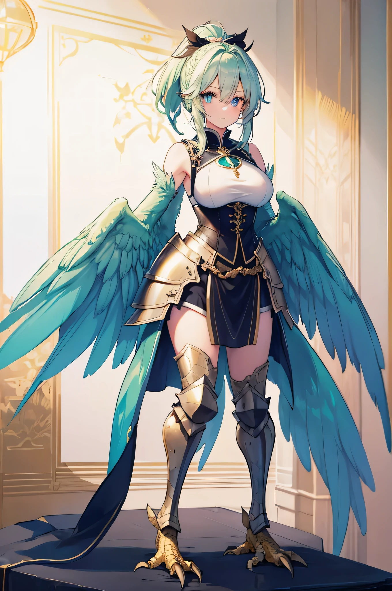 4k,High resolution,One Woman,harpy,White green hair,Short Ponytail,Braid,Blue Eyes,White Wings,Golden toenails,Big Breasts,knight,White knight armor,Heavy Armor,Full Armor,Sleeveless,knight helmet,Jewelry decoration,Short Sword,Medieval castle