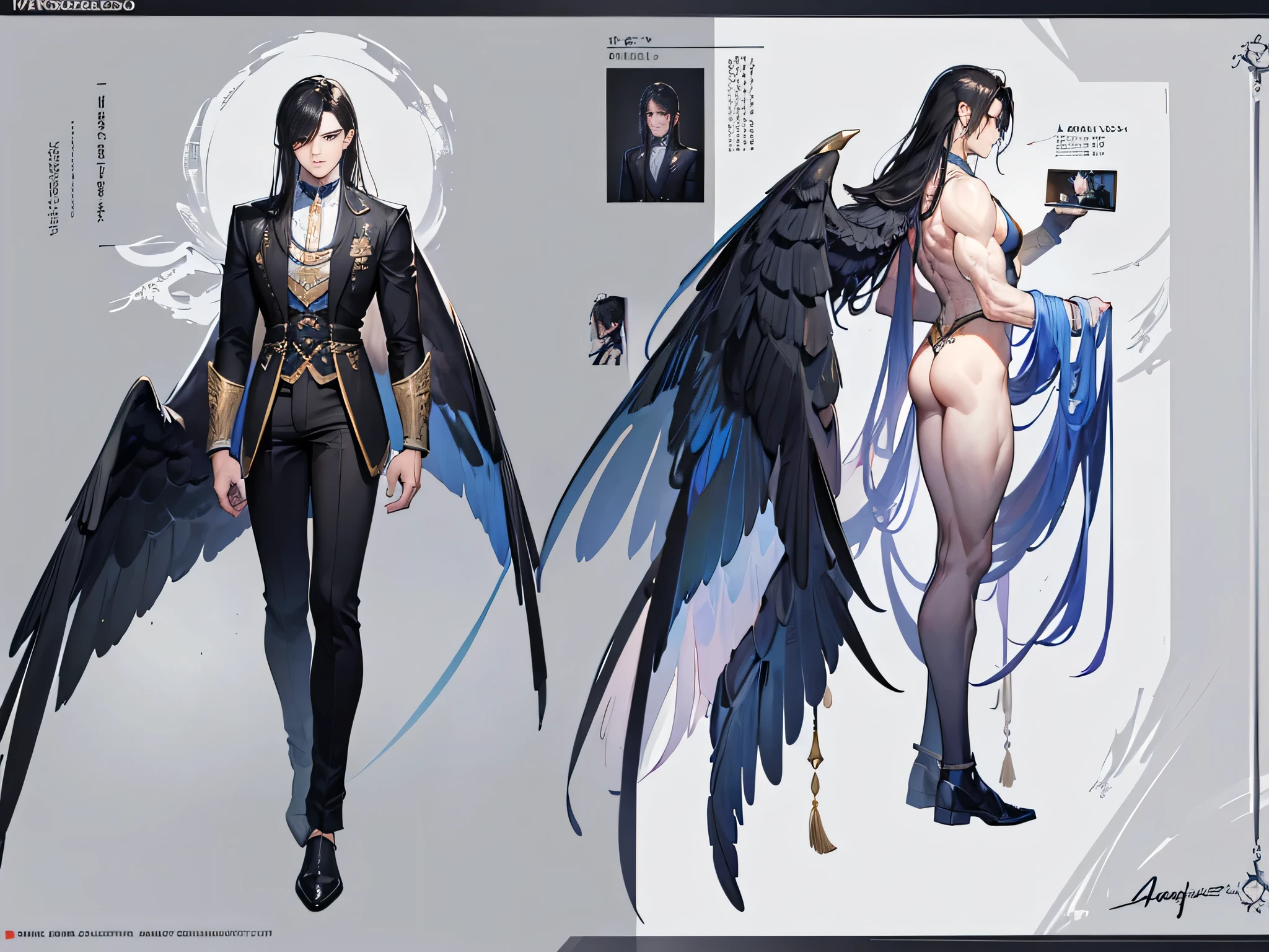 ((Masterpiece, Highest quality)), Male, boy, Detailed face, character design sheet, full bodyesbian, Full of details, frontal body view, back body view, Highly detailed, Depth, Many parts, angel wings, black hair, angel outfit, Muscle boy with black long hair,handsome man, male angel , man tall,