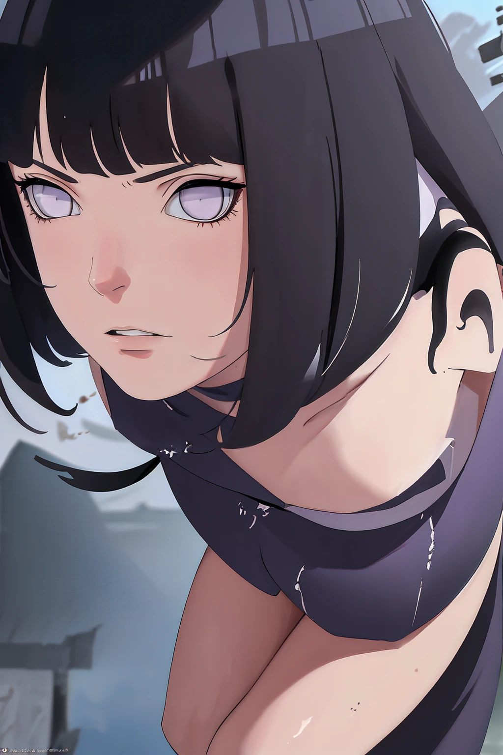 Photo of Pretty Japanese woman,black short hair,beauty face,(leaning forward:1.3),squatting,(from above:1.2),(close up:1.4),pov,,looking at another,smile, loose t-shirt,large breasts,beautiful nipple slip,outdoors,windy,shiny skin,blurry background,big 