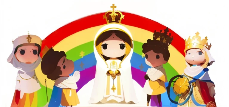 The Holy Our Lady of Fátima in the center, standing, com seu vestido branco e um longo manto branco com bordados dourados, hands folded and holding a golden rosary. A golden crown is on the saint&#39;s head. Next to her are 5 children of different ethnicities. One of the children is in a wheelchair. A rainbow in vibrant colors occupies the backdrop from end to end of the image.