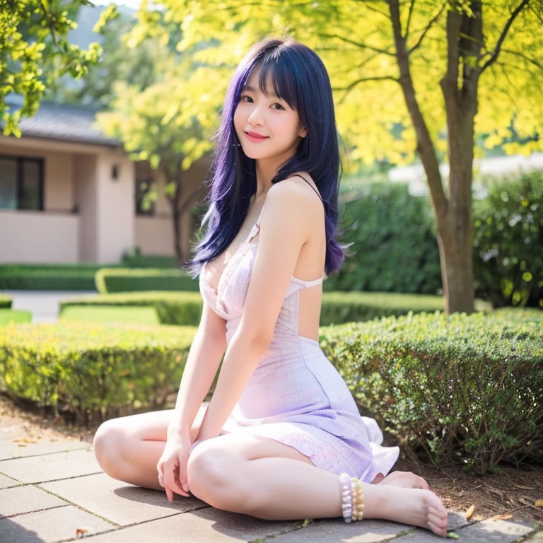 (Absurd, High resolution, Super detailed), masterpiece, Hinata(bolt), ((alone)), One girl,Medium chest, Long purple Victorian dress, Mouth closed, (((Long Hair))),Are standing, Bodice and skirt patterns, Frilled Skirt, race, Blinking blinking effect, (((Detailed lips))), garden, Pink and yellow flowers, ((Realistic Skin)), Glowing Skin, ((Glossy Red Lips)), Purple eyes, Portraiture, beautiful, smile, (((Dark blue hair))), Bust Crop, Normal skin(Realistic, photo-Realistic:1.37),(8k, RAW Photos, highest quality, masterpiece:1.2), cute, boost mood,Dayu Seren, とても繊細でbeautiful女の子,Very detailed, , Genuine, incredibly Absurd, Abstraction, snatch, very elaborate body, セクシーなsmile, young,20-year-old, Heart-shaped pupils,Physically Based Rendering, 超High resolution, Kodak Vision Color, Shot with Aricam LT camera, Bokeh, Sharp focus,View your viewers,photoRealistic,Realistic, alone, photoRealistic, highest quality,Very detailed顔,Very detailed目と顔, beautifulディテール,Absurd, incredibly Absurd,忘れられないsmile,Floating Hair, Flowing Hair, Pink Hair, ピンク iris, Two-tone hair, beautiful細い髪, 絶妙でbeautiful顔,Clear Eyes, Soft lips, iris,Very accurate and detailed, Absurd, Very CGI-like,Huge breasts,(Exposing the breasts:1.37),Accentuate your breasts,Very wide shot,Soft lighting,Against_Day,White Dress,Camisole dress,Long legs,Beautiful feet,High heels,Are standing,whole body,(show off breasts)