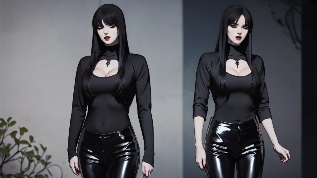 Manhwa goth girl, manhwa aesthetic, Looking at the audience, Light brown eyes:1.4, goth girl, Brunette long Bob Hair with highly detailed shiny hair, bright red clothes:1.4, Lepangas:1.4), illuminated skin (realistic texture), realistic shading, bright red eyes、{Huge|big chest|Huge|Mega} whole :2, Chest cleavage:2、(((Add highlights to the eyes:1.4、charming look 、Short Bob Hair、Glowing Skin:1.4、Looking at the audience、She is very beautiful and cute、Beautiful long neck, (cotton) black gothic shirt, latex tight pants, (converse) black sneakers, Ideal body type, (painted gothic Background:2、gothic garden background:2))、Beautiful long neck:1.4、(({Huge|big|Huge|Mega} chest, Chest cleavage:2、perfect Bodyは服を着ていない:1.6)),Perfect Anatomy, blade to side, strike pose, blade down, blade right hand, blurred background (masterpiece), best quality, high quality, highres, ultra-detailed), different poses at different angles.