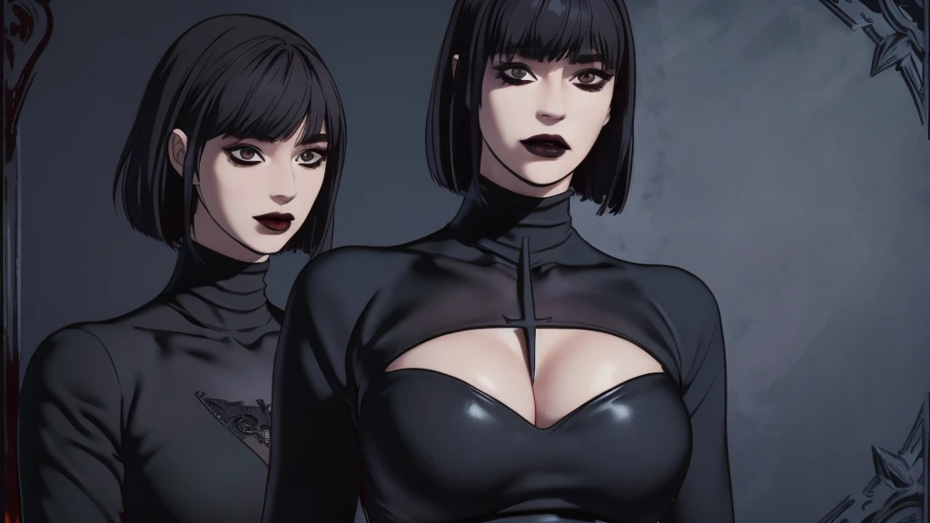 Manhwa goth girl, manhwa aesthetic, Looking at the audience, Light brown eyes:1.4, goth girl, Brunette long Bob Hair with highly detailed shiny hair, bright red clothes:1.4, Lepangas:1.4), illuminated skin (realistic texture), realistic shading, bright red eyes、{Huge|big chest|Huge|Mega} whole :2, Chest cleavage:2、(((Add highlights to the eyes:1.4、charming look 、Short Bob Hair、Glowing Skin:1.4、Looking at the audience、She is very beautiful and cute、Beautiful long neck, (cotton) black gothic shirt, latex tight pants, (converse) black sneakers, Ideal body type, (painted gothic Background:2、gothic garden background:2))、Beautiful long neck:1.4、(({Huge|big|Huge|Mega} chest, Chest cleavage:2、perfect Bodyは服を着ていない:1.6)),Perfect Anatomy, blade to side, strike pose, blade down, blade right hand, blurred background  (masterpiece), best quality, high quality, highres, ultra-detailed), different poses at different angles. 